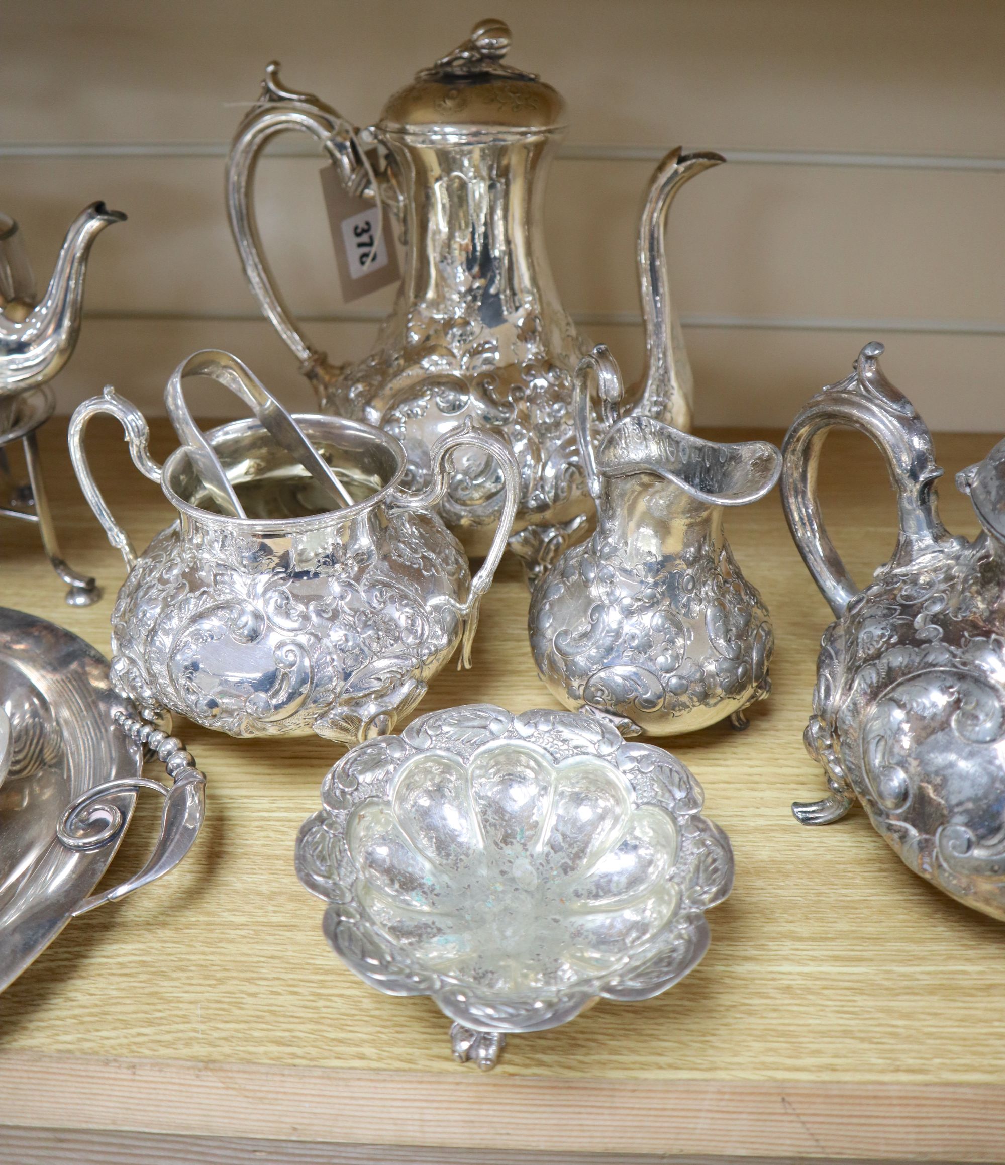 A three-piece plated teaset, sundry plated items and a leather box with plated mounts